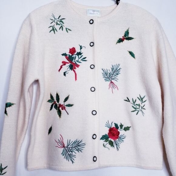 Susan Bristol Vintage Cream Holiday Embroidered Wool Cardigan Womens Size Medium - Picture 2 of 9